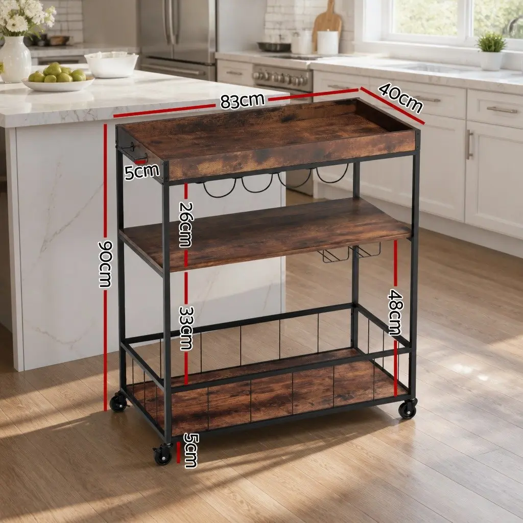 Mobile Kitchen Island Metal Frame Three-Tier Storage Trolley Walnut