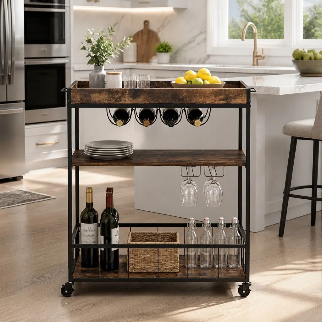 Mobile Kitchen Island Metal Frame Three-Tier Storage Trolley Walnut
