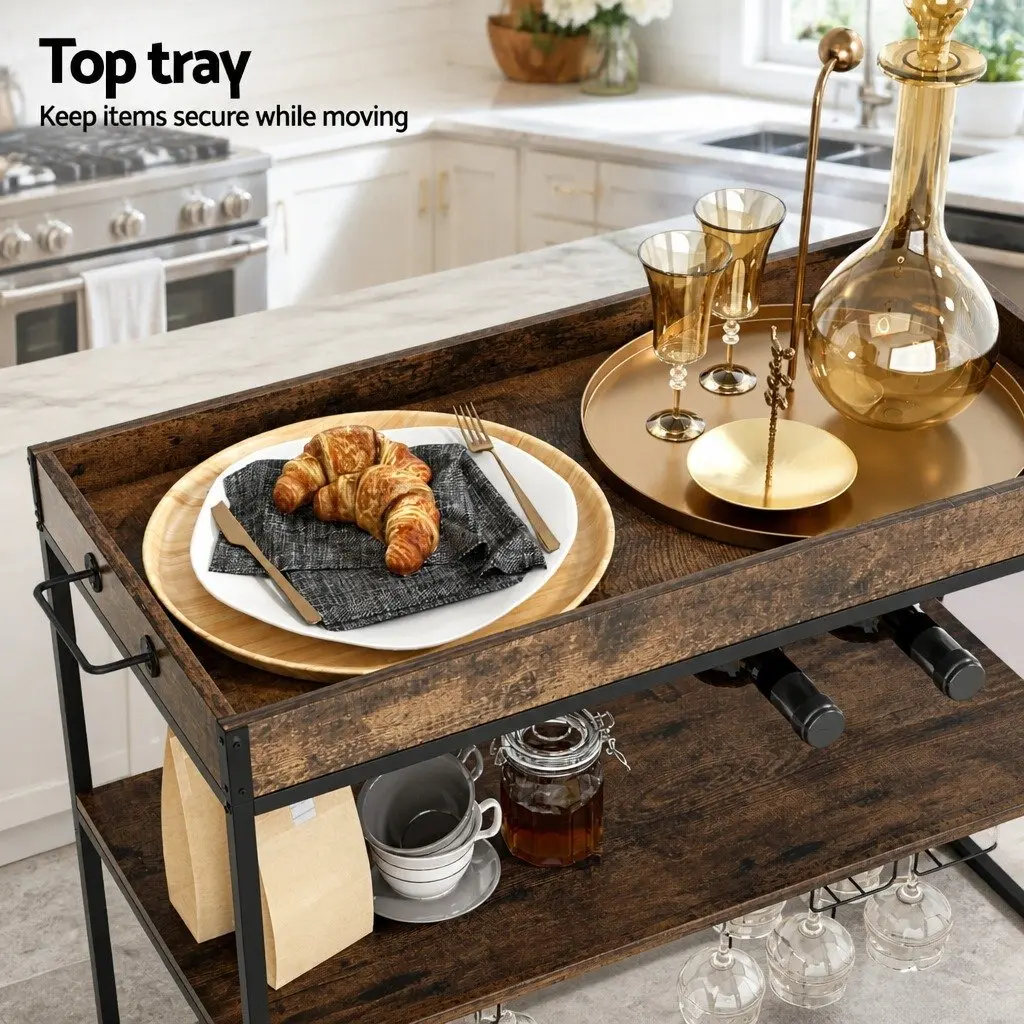 Mobile Kitchen Island Metal Frame Three-Tier Storage Trolley Walnut