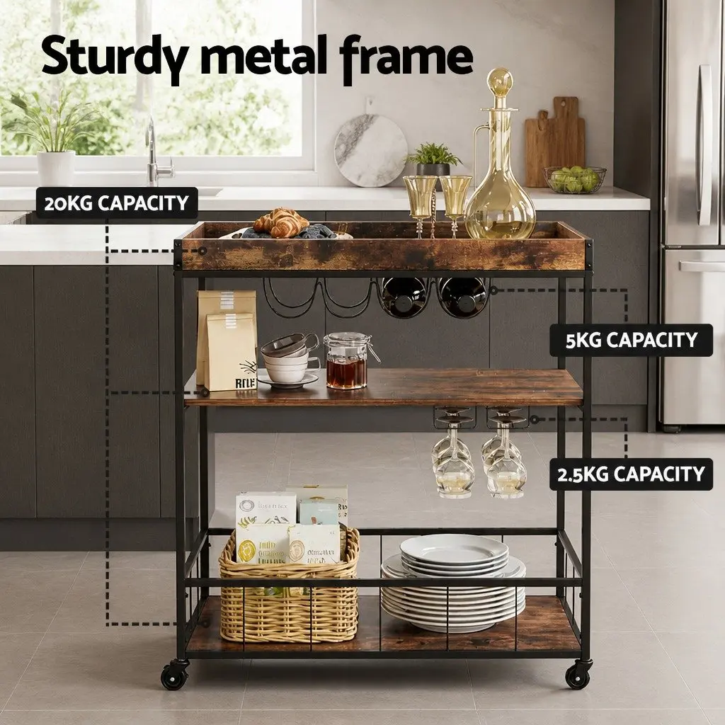 Mobile Kitchen Island Metal Frame Three-Tier Storage Trolley Walnut