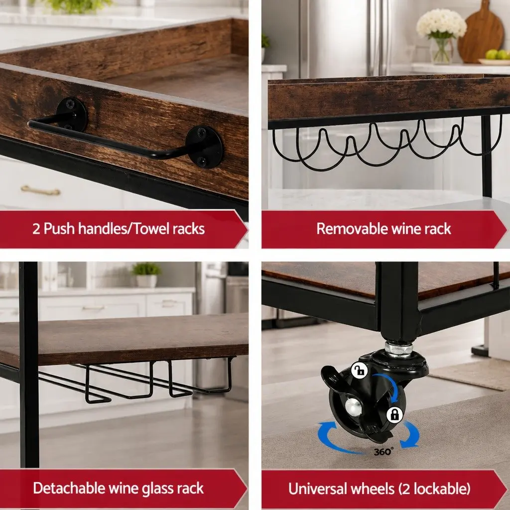 Mobile Kitchen Island Metal Frame Three-Tier Storage Trolley Walnut