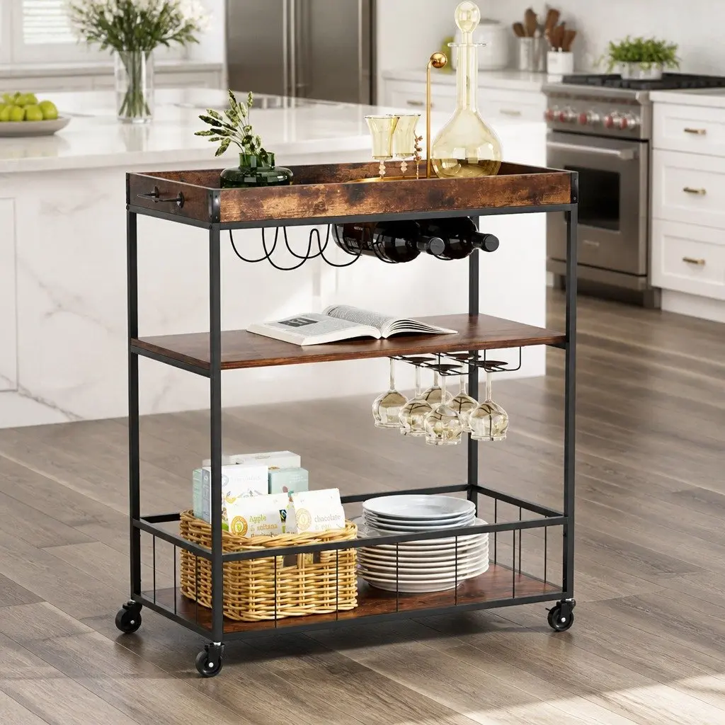 Mobile Kitchen Island Metal Frame Three-Tier Storage Trolley Walnut