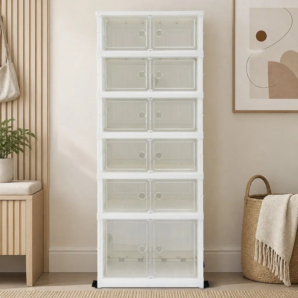 Shoe Storage Box Foldable 6 Tier 12 Pairs One-Piece Frame White