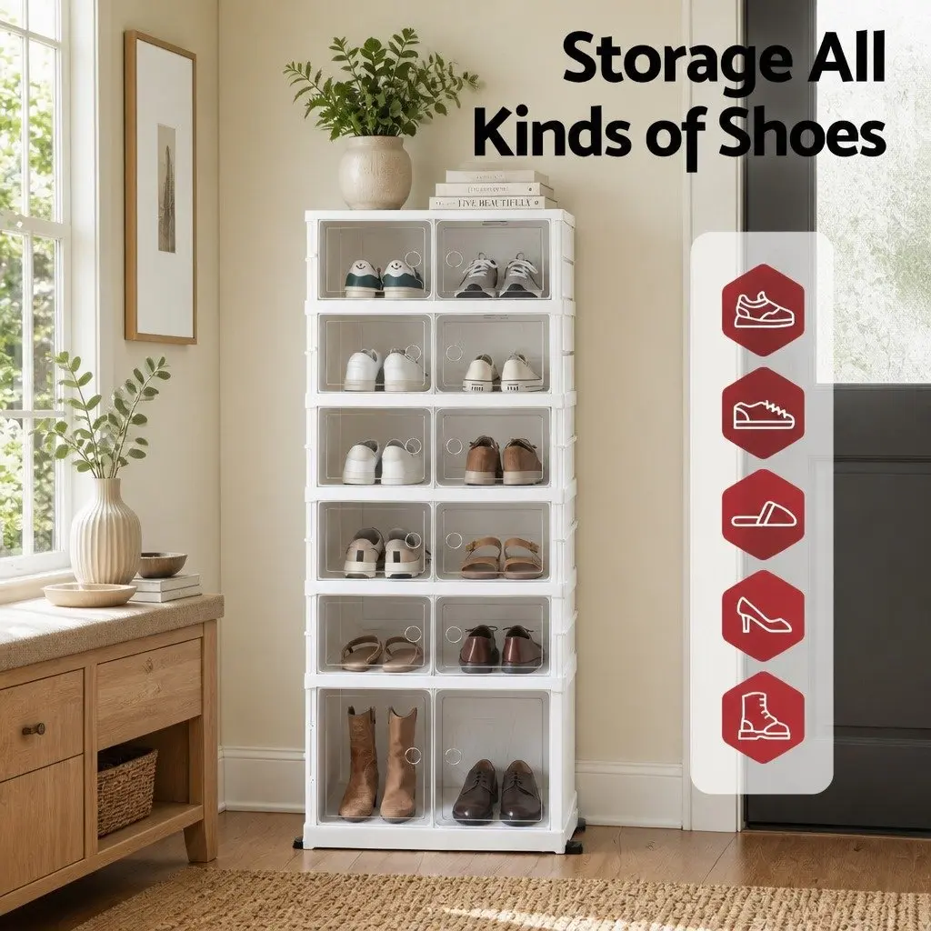 Shoe Storage Box Foldable 6 Tier 12 Pairs One-Piece Frame White