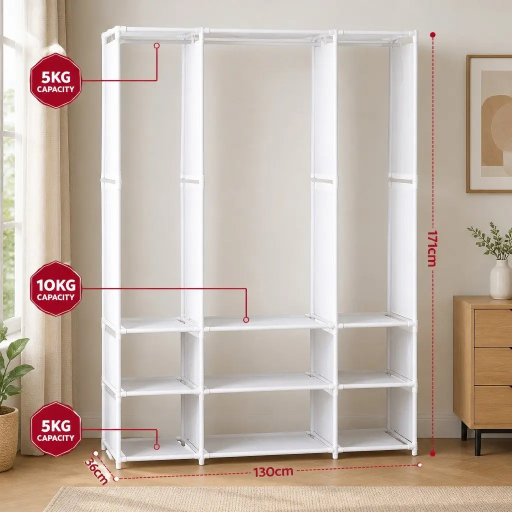 Portable Clothes Wardrobe Storage Organizer Metal Frame Non-Woven Fabric 130 x 36 x 171 cm White