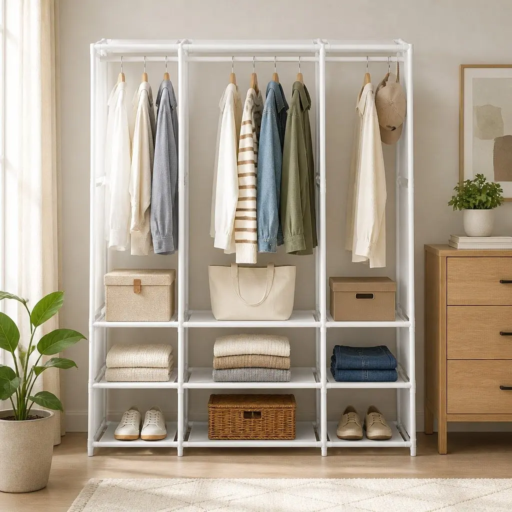 Portable Clothes Wardrobe Storage Organizer Metal Frame Non-Woven Fabric 130 x 36 x 171 cm White