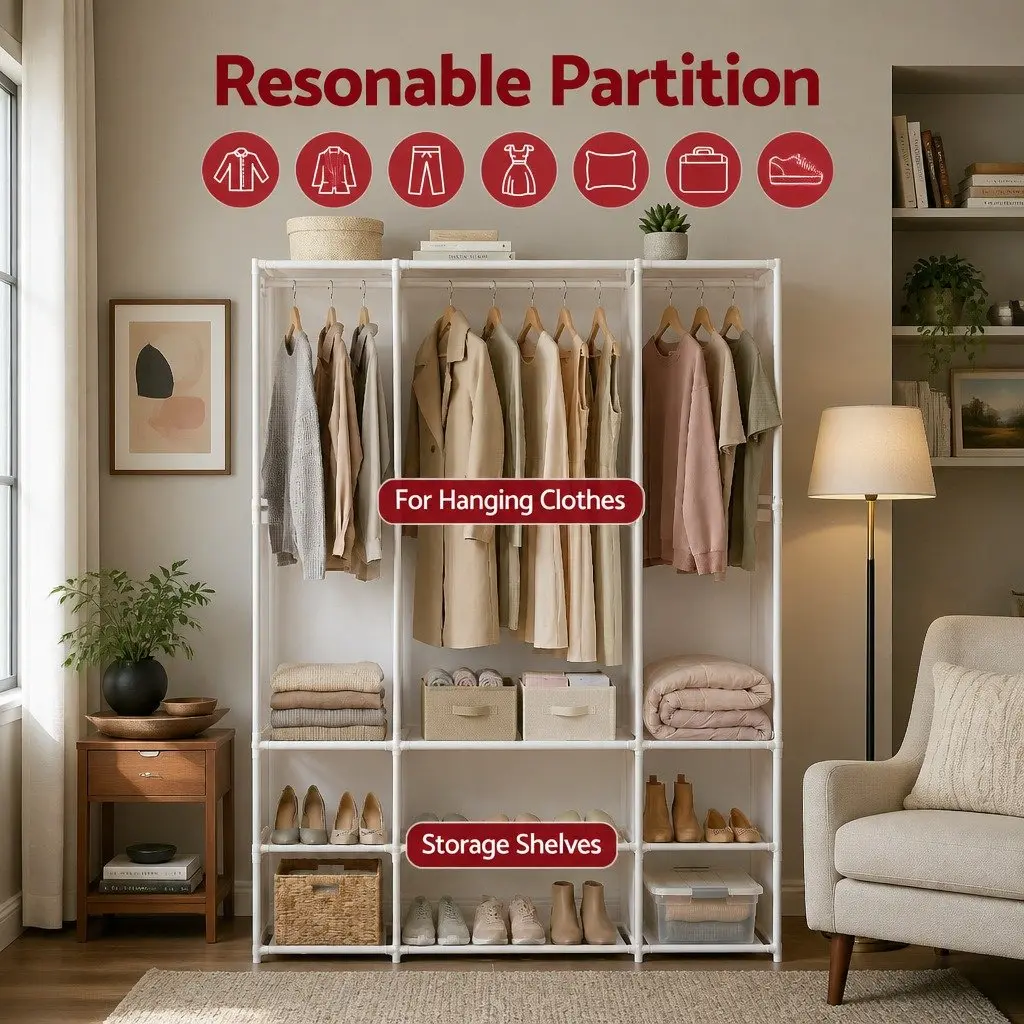 Portable Clothes Wardrobe Storage Organizer Metal Frame Non-Woven Fabric 130 x 36 x 171 cm White