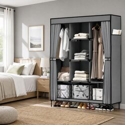 Large Portable Wardrobe Closet with Shelves Grey Storage Cabinet Organiser