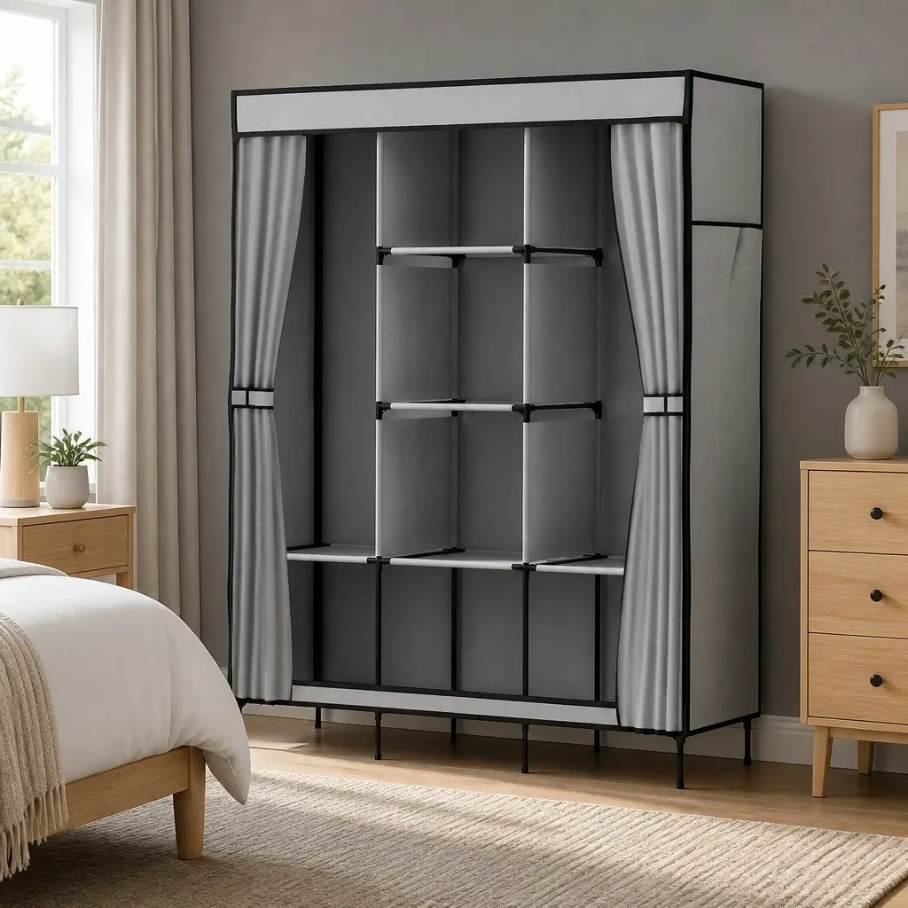 Large Portable Wardrobe Closet Metal Frame Non-Woven Fabric Grey 124x42x173 cm