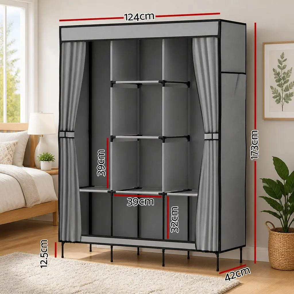 Large Portable Wardrobe Closet Metal Frame Non-Woven Fabric Grey 124x42x173 cm
