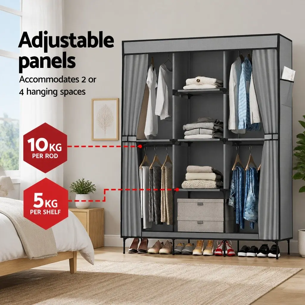 Large Portable Wardrobe Closet Metal Frame Non-Woven Fabric Grey 124x42x173 cm