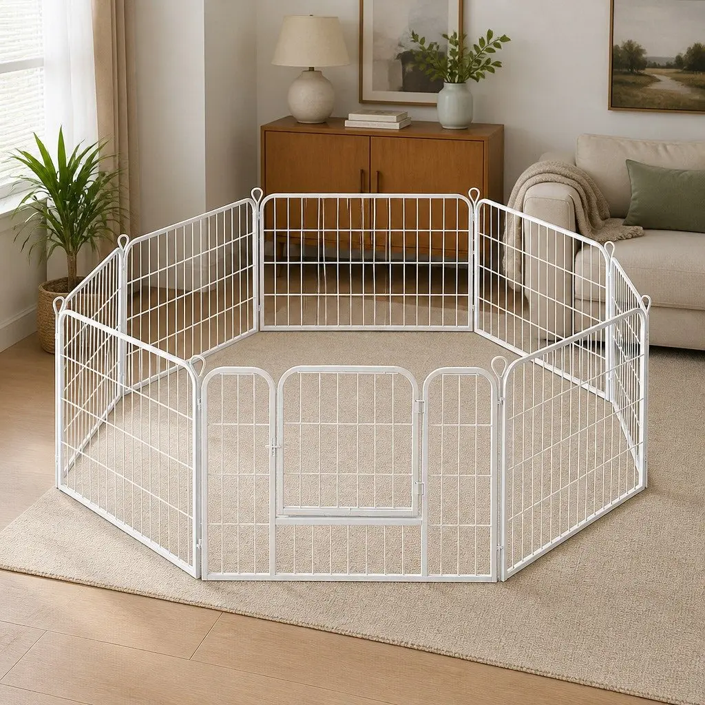 8 Panel Pet Playpen Steel Foldable Portable White