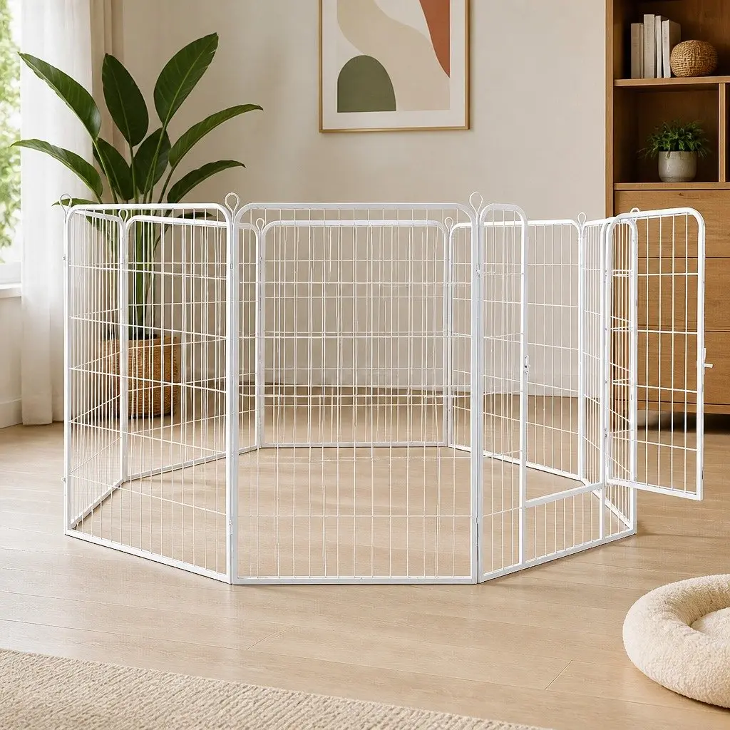 8 Panel Foldable Portable Pet Dog Playpen with Step Through Door White Steel