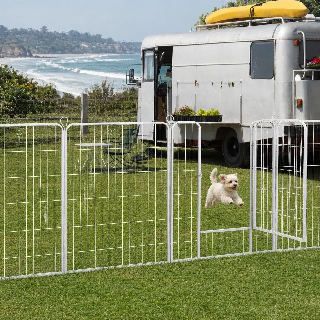 8 Panel Foldable Portable Pet Dog Playpen with Step Through Door White Steel