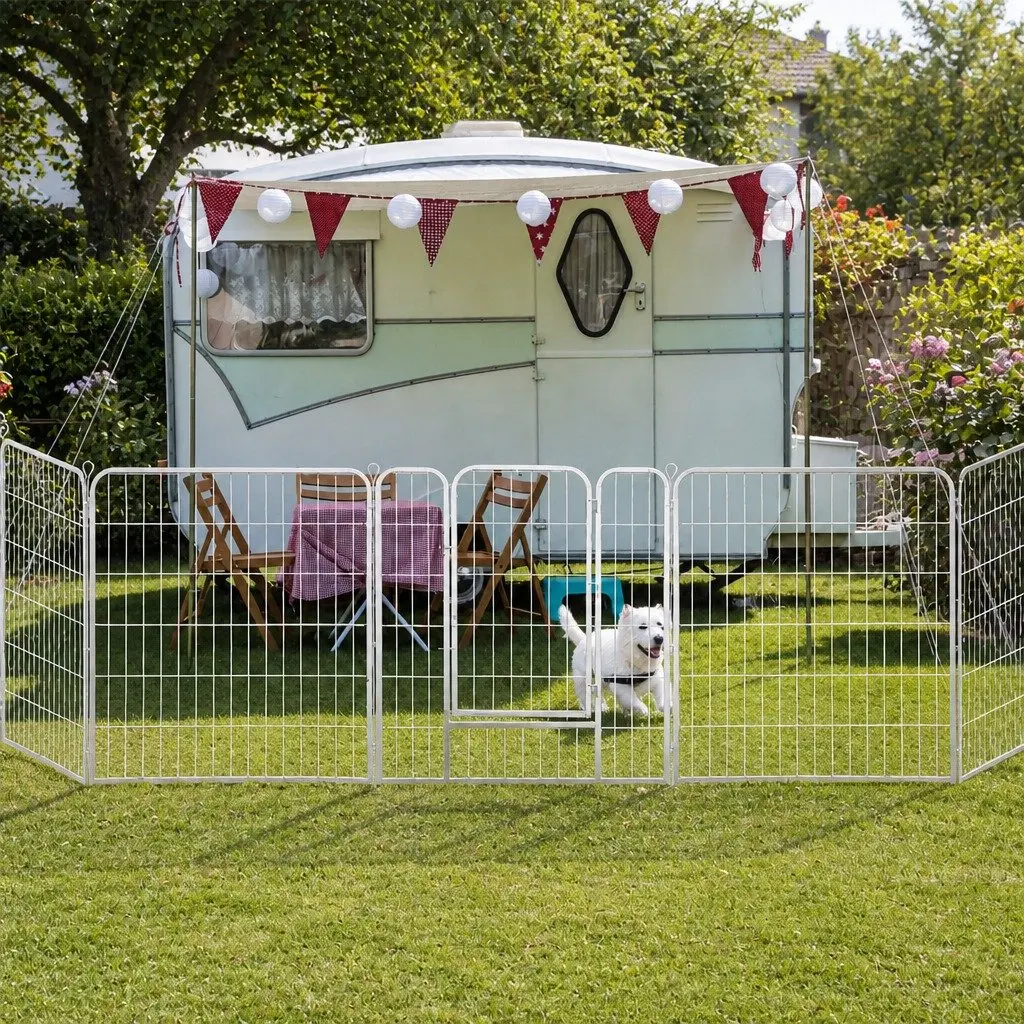 8 Panel Foldable Portable Pet Dog Playpen with Step Through Door White Steel
