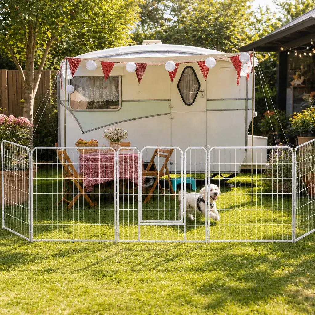 8 Panel Pet Playpen Steel 48'' White Foldable Portable Enclosure