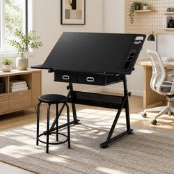 Practical Drawing Desk and Stool Set for Home Use