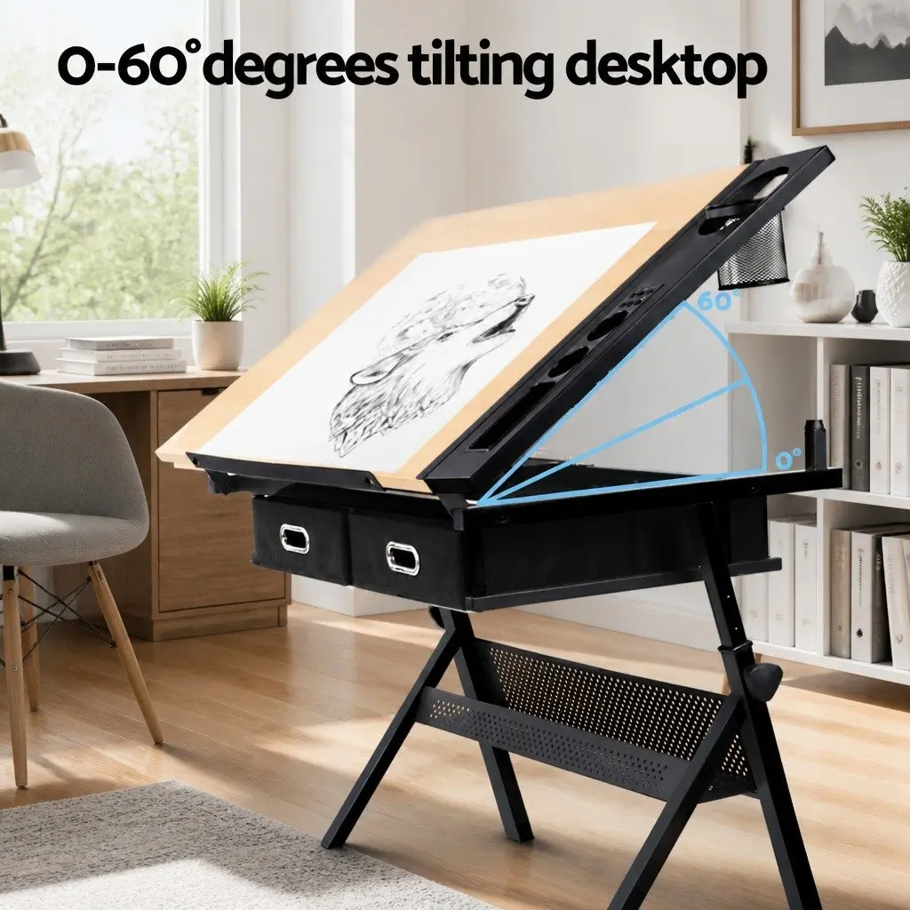 Drafting Table MDF Adjustable Tilt Top Natural Black with Stool Set