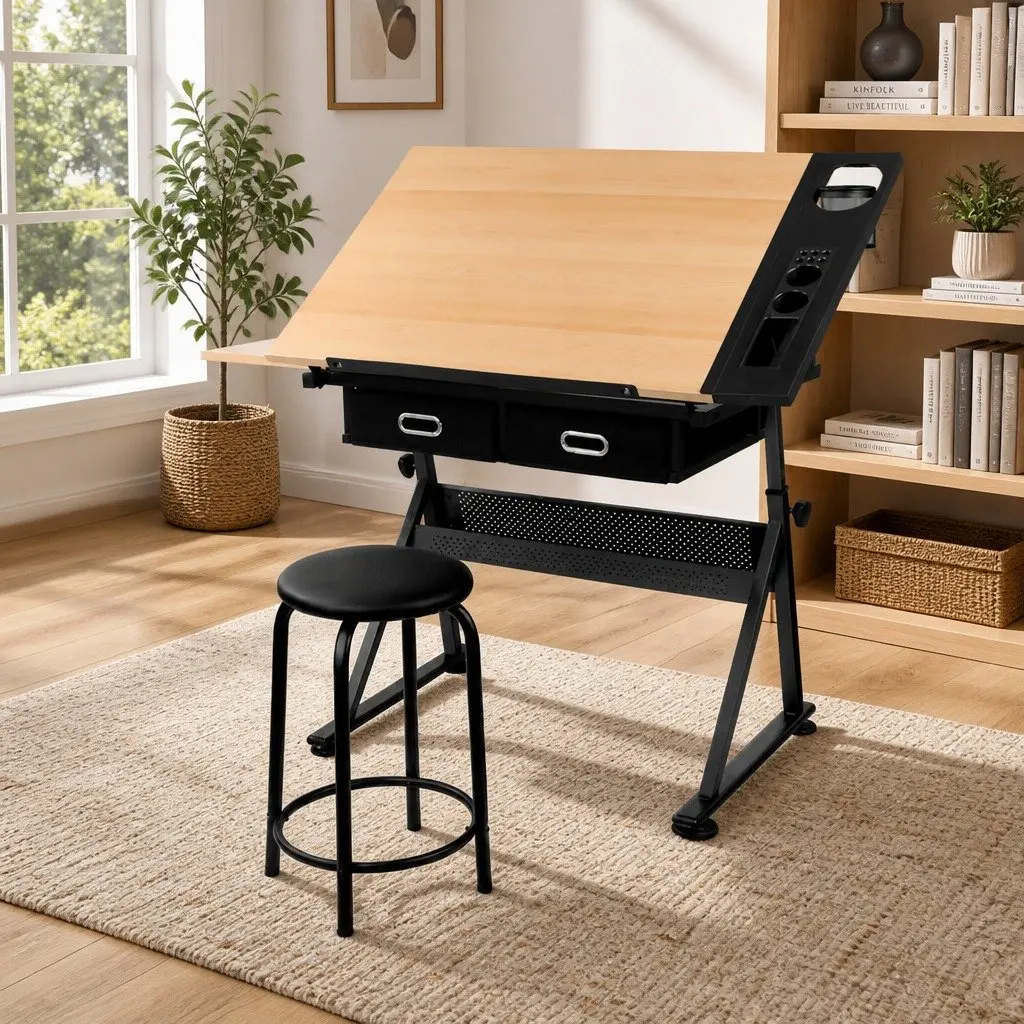 Drafting Table MDF Adjustable Tilt Top Natural Black with Stool Set