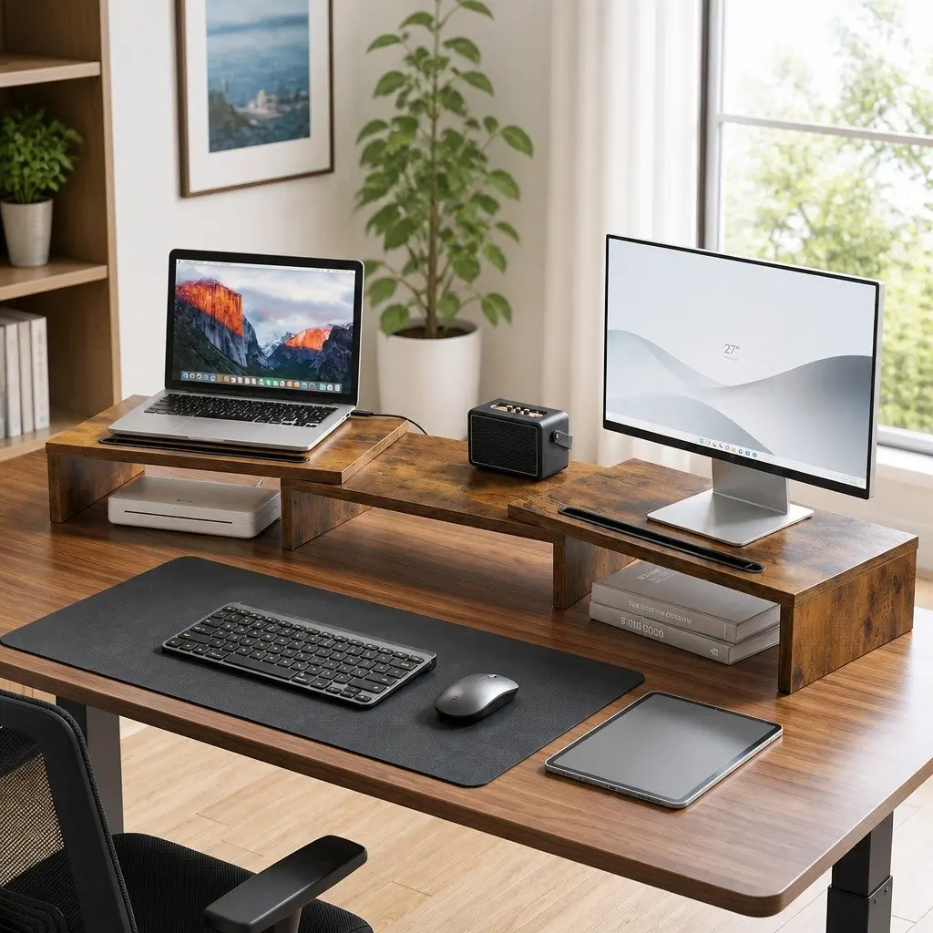 Dual Monitor Stand Riser MDF Brown Rotating Top Tablet Slot Storage 80-112 x 24 x 10.5cm