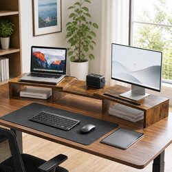 Dual Monitor Stand Riser with Rotating Top Tablet Slot Storage Brown
