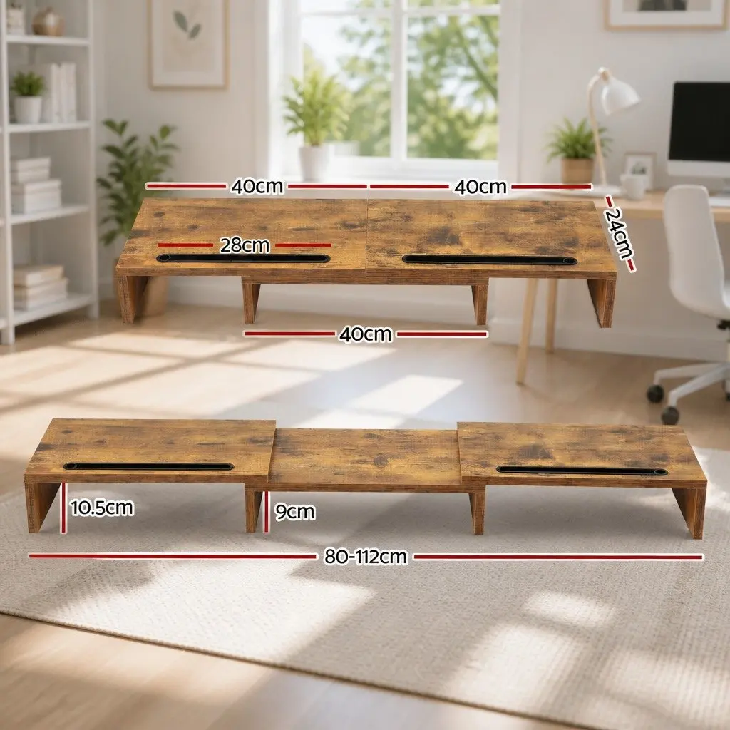 Dual Monitor Stand Riser MDF Brown Rotating Top Tablet Slot Storage 80-112 x 24 x 10.5cm