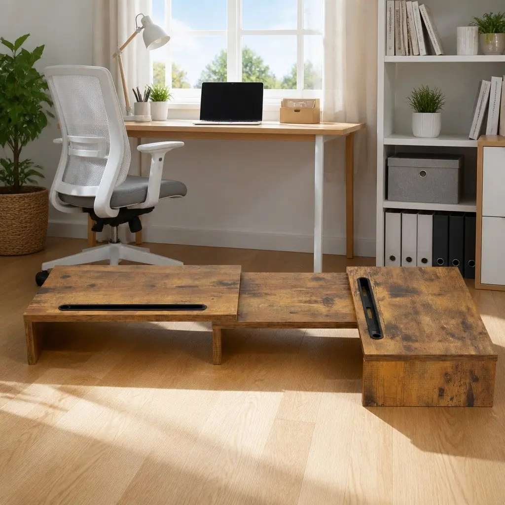 Dual Monitor Stand Riser MDF Brown Rotating Top Tablet Slot Storage 80-112 x 24 x 10.5cm