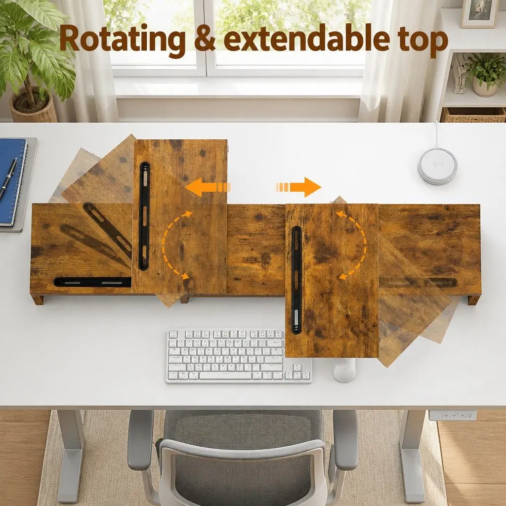 Dual Monitor Stand Riser MDF Brown Rotating Top Tablet Slot Storage 80-112 x 24 x 10.5cm