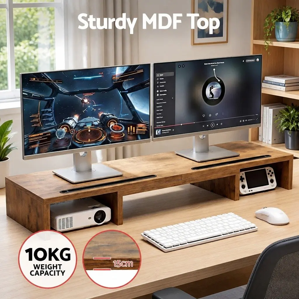 Dual Monitor Stand Riser MDF Brown Rotating Top Tablet Slot Storage 80-112 x 24 x 10.5cm