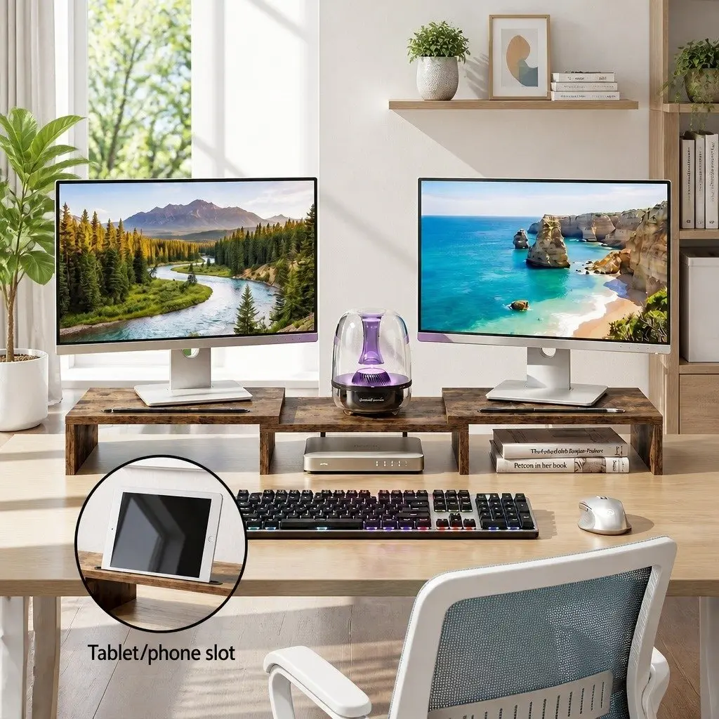 Dual Monitor Stand Riser MDF Brown Rotating Top Tablet Slot Storage 80-112 x 24 x 10.5cm