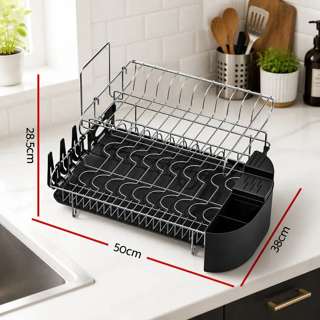 2-Tier Dish Rack Stainless Steel Frame PP Plastic Black 50cm x 38cm x 28.5cm Kitchen Organiser with Cutlery Tray and Cup Holder