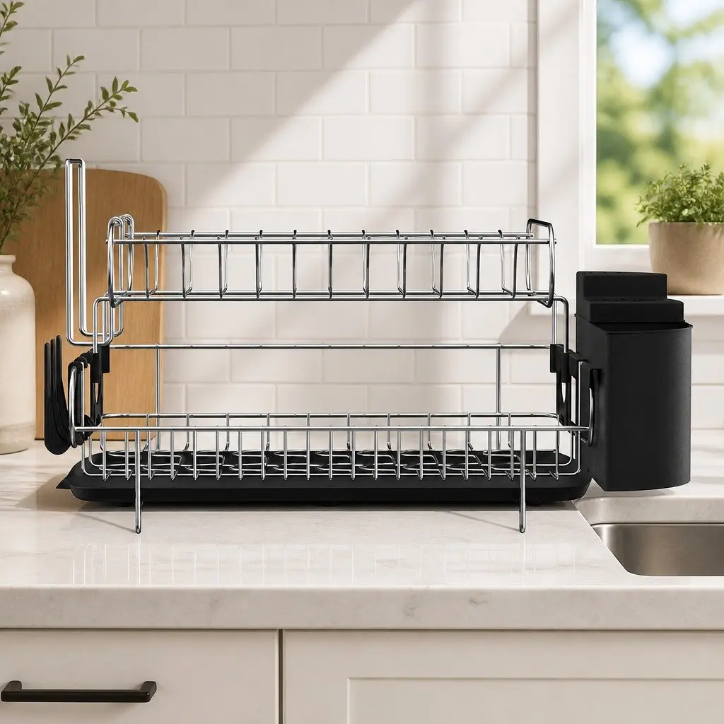 2-Tier Dish Rack Stainless Steel Frame PP Plastic Black 50cm x 38cm x 28.5cm Kitchen Organiser with Cutlery Tray and Cup Holder
