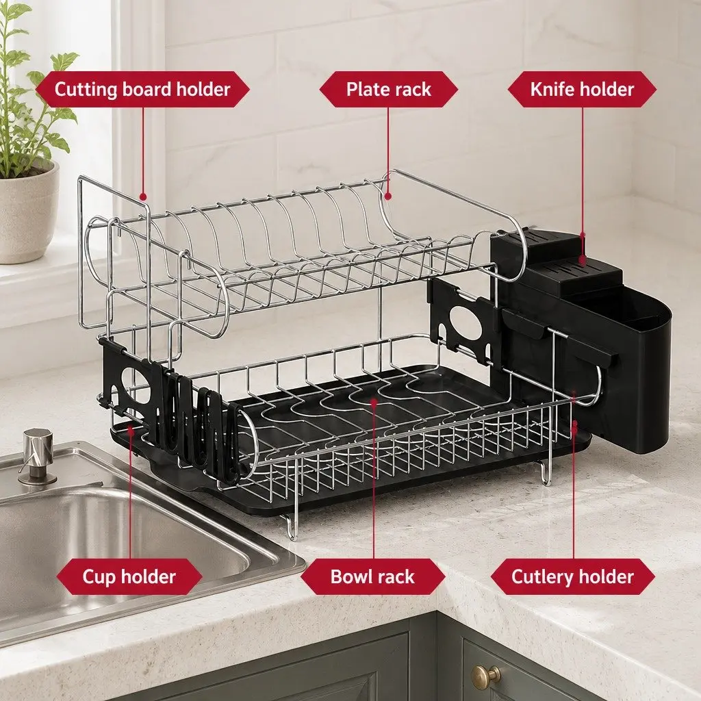 2-Tier Dish Rack Stainless Steel Frame PP Plastic Black 50cm x 38cm x 28.5cm Kitchen Organiser with Cutlery Tray and Cup Holder