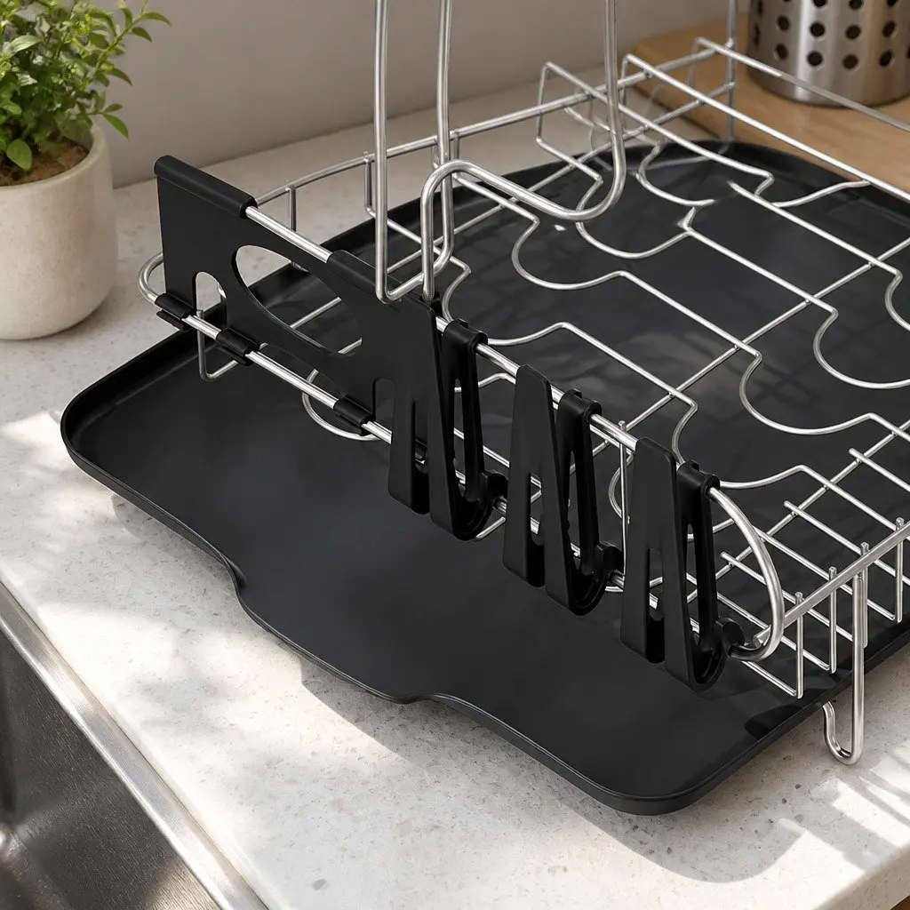 2-Tier Dish Rack Stainless Steel Frame PP Plastic Black 50cm x 38cm x 28.5cm Kitchen Organiser with Cutlery Tray and Cup Holder