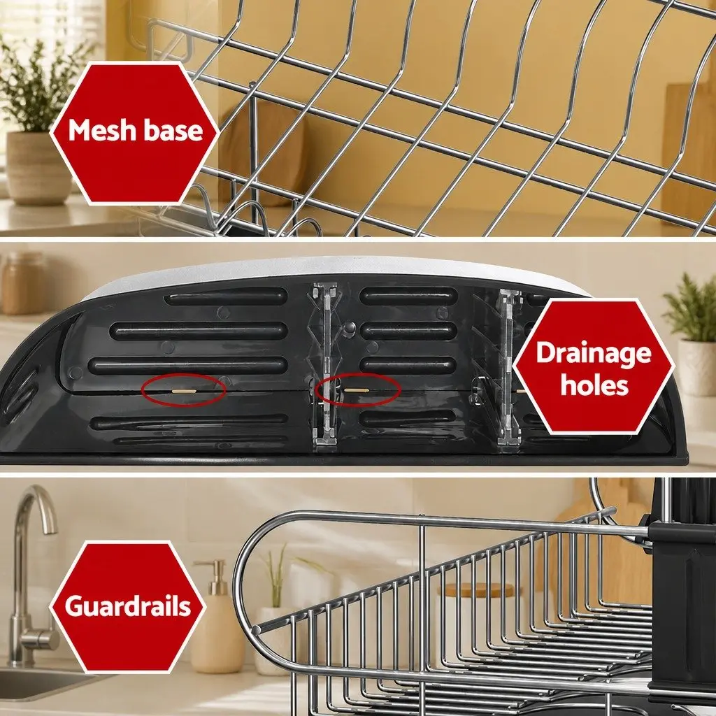 2-Tier Dish Rack Stainless Steel Frame PP Plastic Black 50cm x 38cm x 28.5cm Kitchen Organiser with Cutlery Tray and Cup Holder
