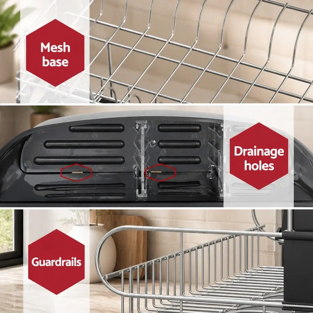 2-Tier Dish Rack Stainless Steel Frame PP Plastic Black 50cm x 38cm x 28.5cm Kitchen Organiser with Cutlery Tray and Cup Holder
