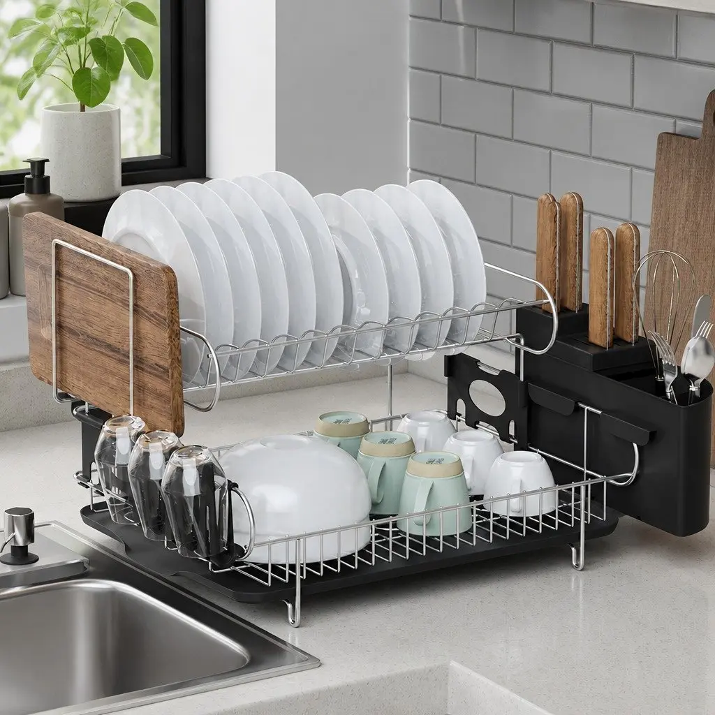 2-Tier Dish Rack Stainless Steel Frame PP Plastic Black 50cm x 38cm x 28.5cm Kitchen Organiser with Cutlery Tray and Cup Holder
