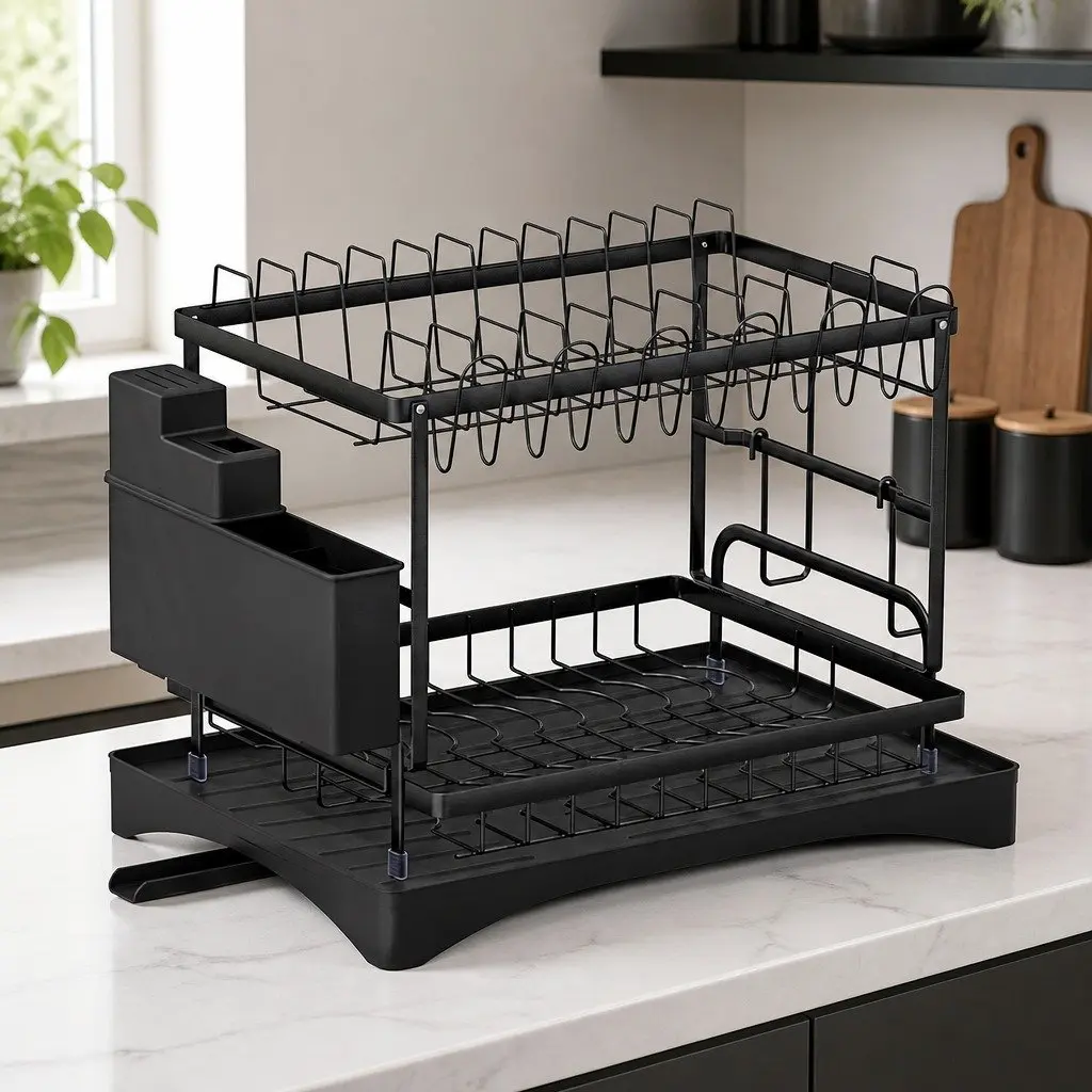 Dish Rack 2 Tier Expandable Drying Drainer with Cutlery Holder Tray Kitchen