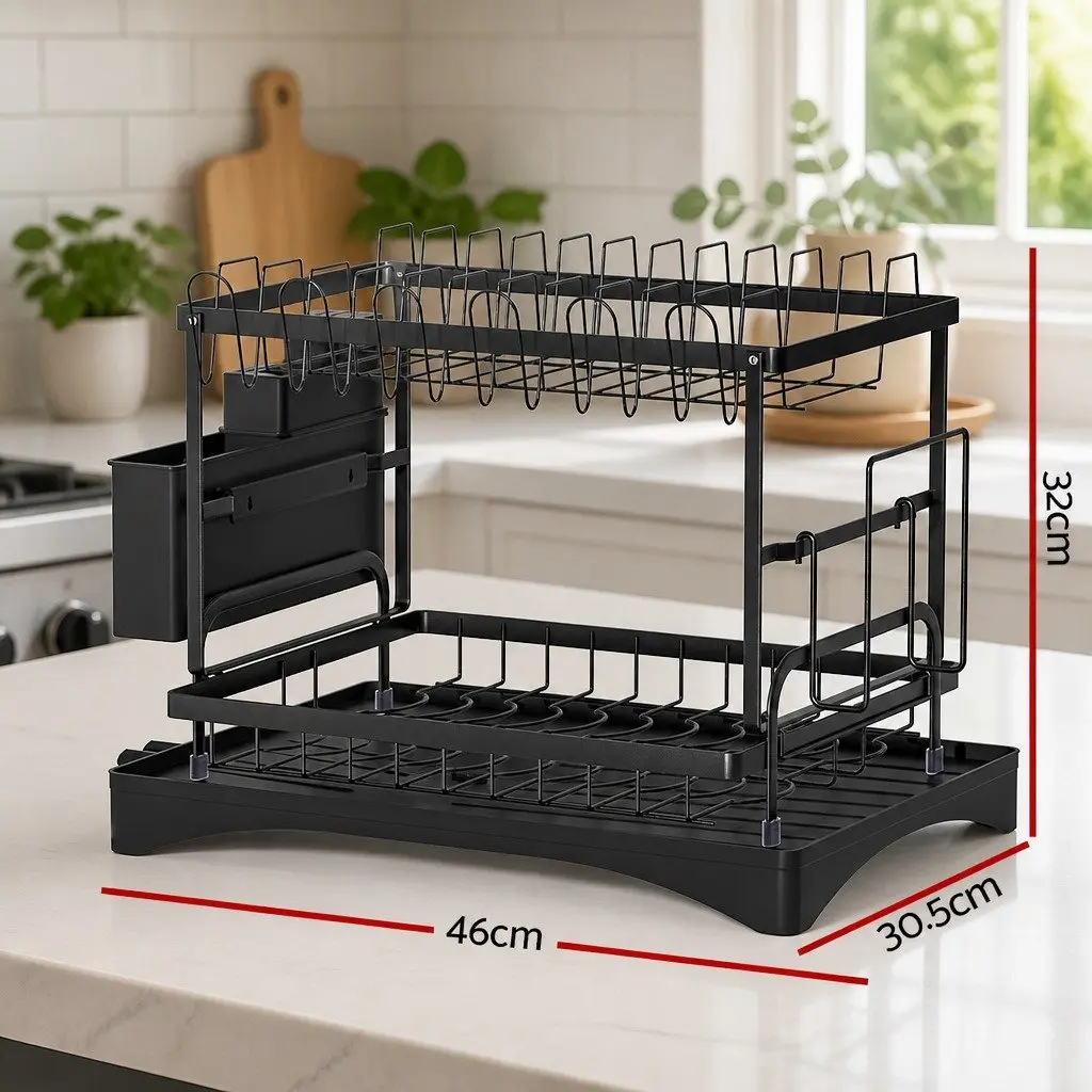 2 Tier Dish Rack Expandable Steel Black with Cutlery Holder Tray Kitchen