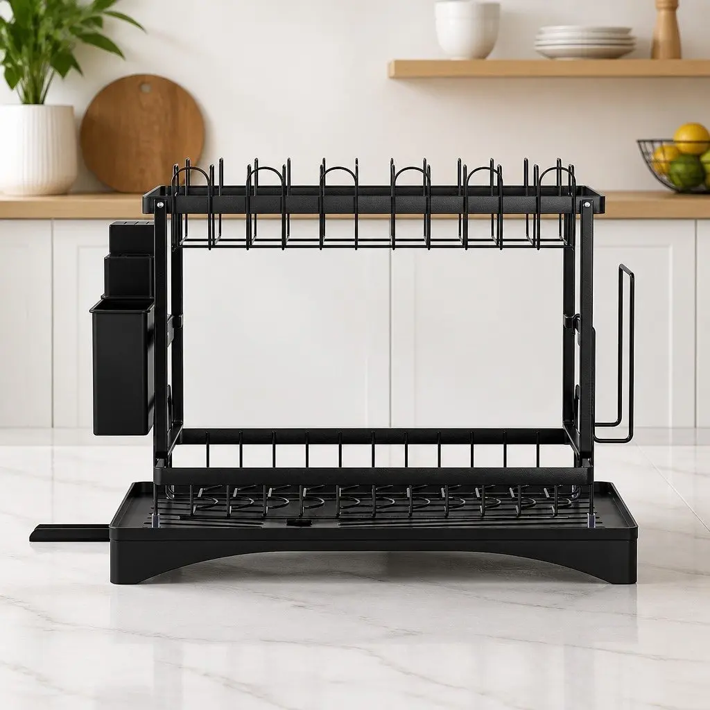 2 Tier Dish Rack Expandable Steel Black with Cutlery Holder Tray Kitchen