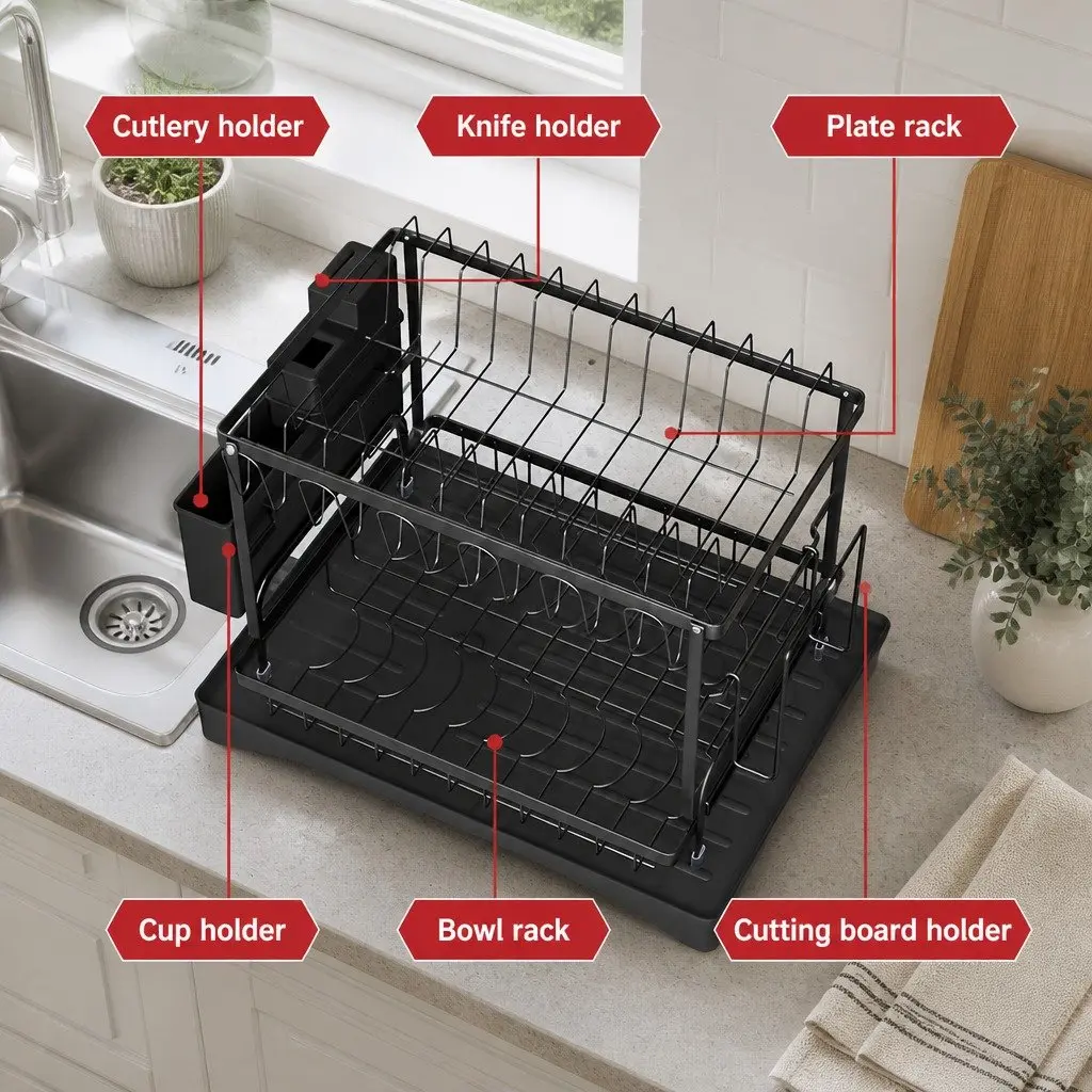 2 Tier Dish Rack Expandable Steel Black with Cutlery Holder Tray Kitchen