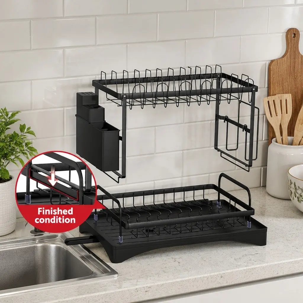 2 Tier Dish Rack Expandable Steel Black with Cutlery Holder Tray Kitchen