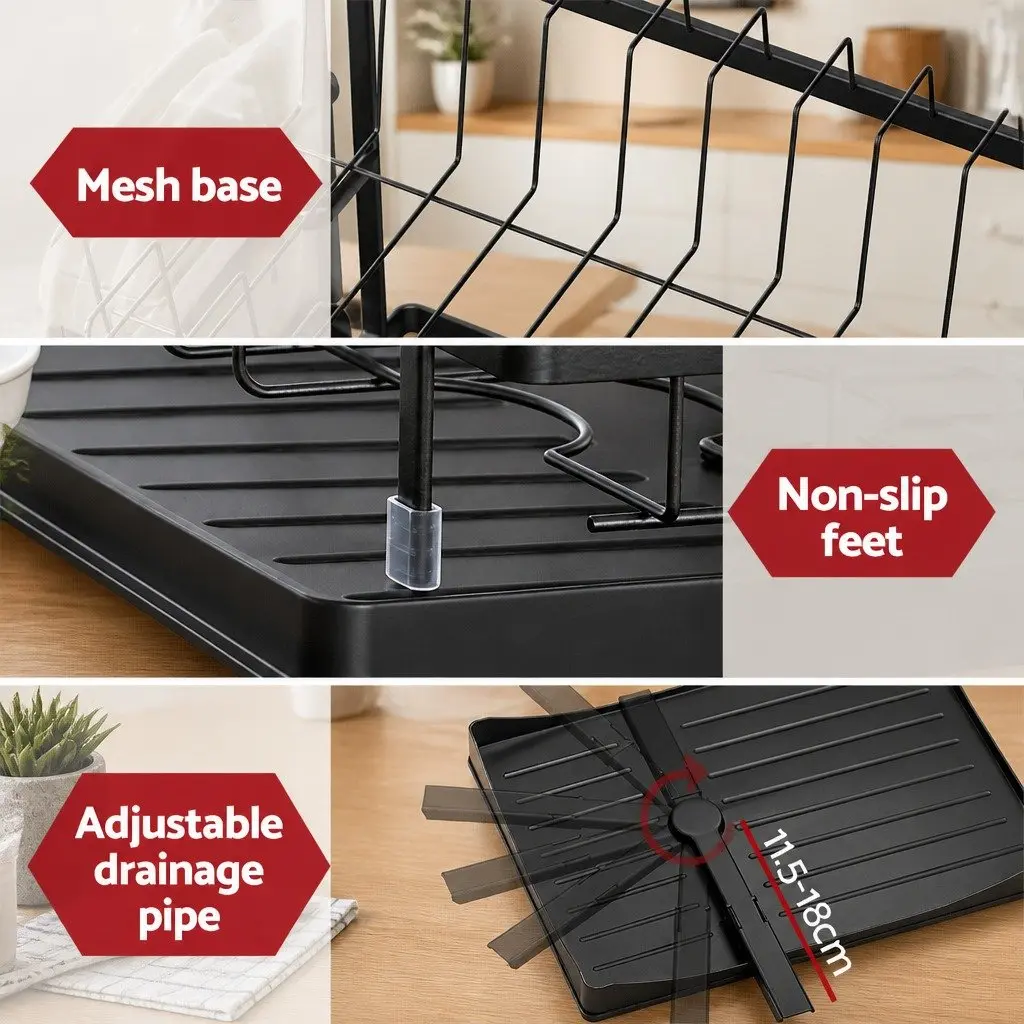 2 Tier Dish Rack Expandable Steel Black with Cutlery Holder Tray Kitchen