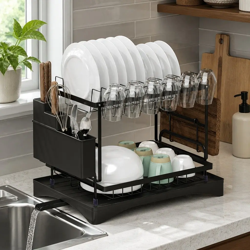 2 Tier Dish Rack Expandable Steel Black with Cutlery Holder Tray Kitchen