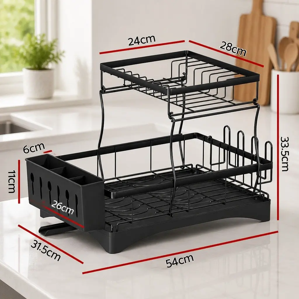 2 Tier Dish Rack Expandable Steel and Plastic 54cm x 31.5cm x 33.5cm Black