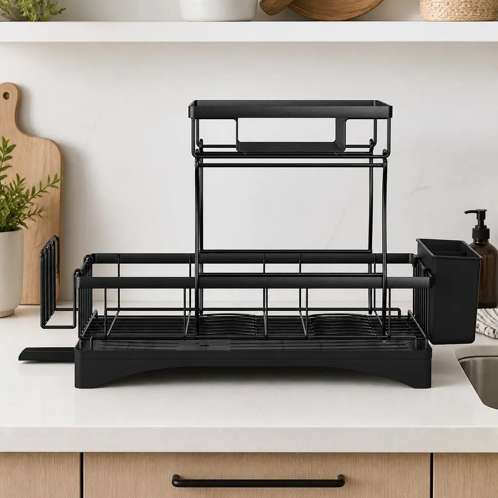 2 Tier Dish Rack Expandable Steel and Plastic 54cm x 31.5cm x 33.5cm Black