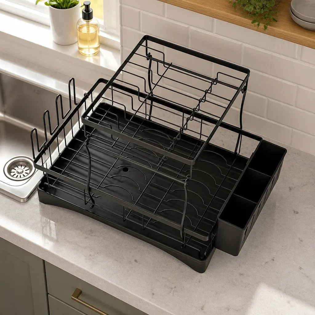 2 Tier Dish Rack Expandable Steel and Plastic 54cm x 31.5cm x 33.5cm Black