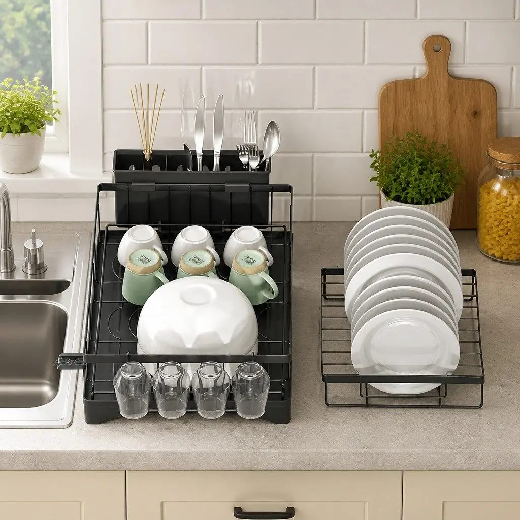 2 Tier Dish Rack Expandable Steel and Plastic 54cm x 31.5cm x 33.5cm Black