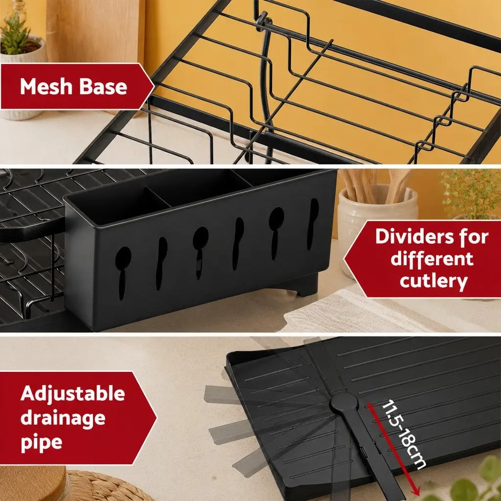 2 Tier Dish Rack Expandable Steel and Plastic 54cm x 31.5cm x 33.5cm Black