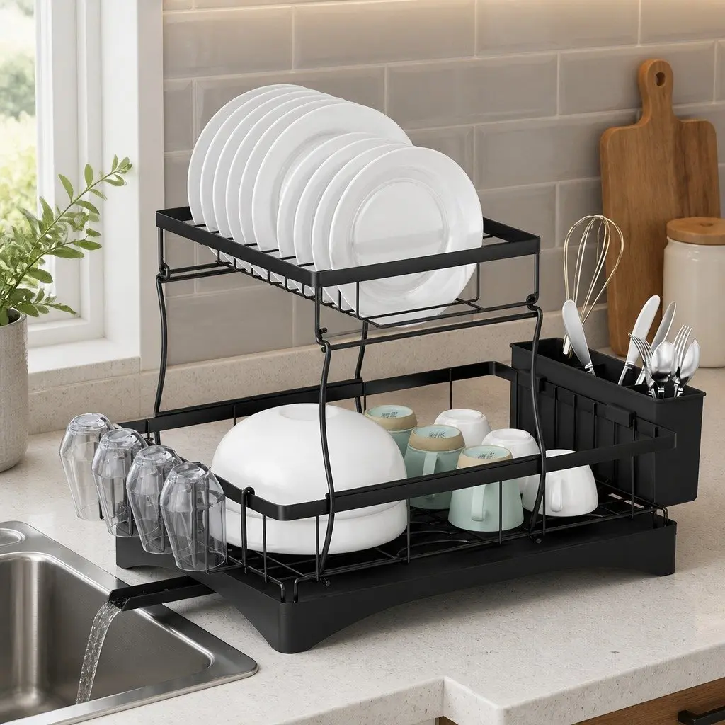 2 Tier Dish Rack Expandable Steel and Plastic 54cm x 31.5cm x 33.5cm Black